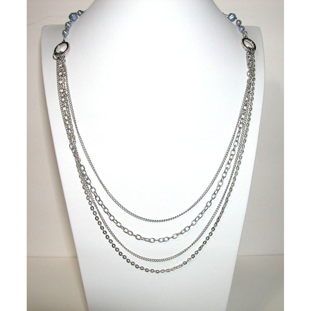 Silver Multi-Layered Chain Necklace With Blue Bead Accents & Circular Detailing